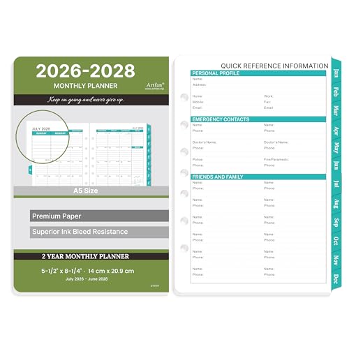 Artfan 2025-2026 Monthly Planner Refills, A5, 5.5 x 8.5 inches