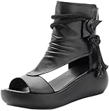 Sandalias para al aire libre para mujeres botas de cuña zapatos de fondo encaje arriba cómodas sandalias altas botas de punta abierta sandalias huecas de botas de playa sandalias (Negro,36)