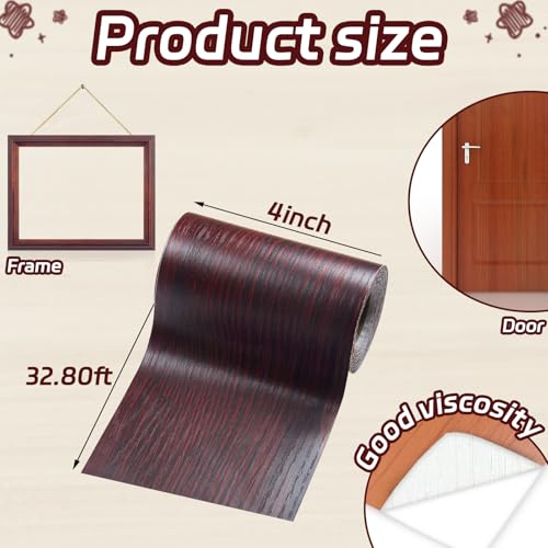 Image of Wood Grain Tape for Mirrors, 4 inch X 32 ft Wallpaper Border Wood Repair Tape for Furniture, Floor, Bathroom, Cabinets, Windows 1 Roll (Deep Red)