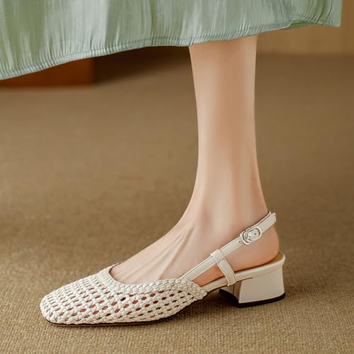 Mules et sandales tressées beige taille 40 à talons carrés bas d'été - 7