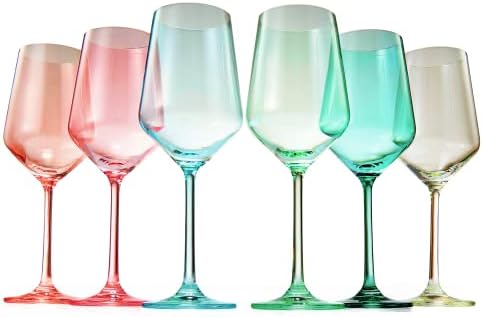 Colored Crystal Wine Glass Set of 6, Gift For Mothers Day, Her, Wife, Mom Friend - Large 12 oz Glasses, Unique Italian Style Tall Drinkware - Red & White, Dinner, Beautiful Glassware - (Summer)