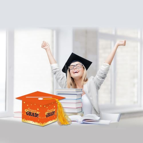 Image of 2026 Graduation Party Card Box, Orange Gold Congrats Cap Card Holder Box with Tassel for 2026 Graduation Party Decorations