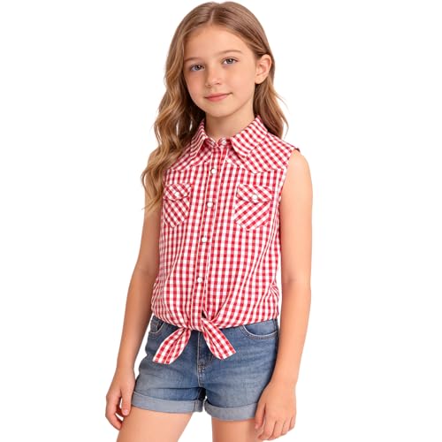 Western Cowgirls Outfit Girls Sleeveless Button Down Plaid Shirt Tie Front Blouse Tops for 5-12 Years Girls