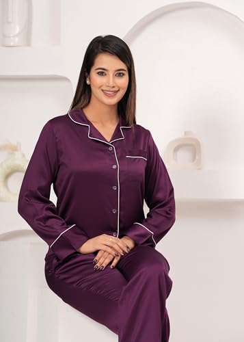 Image of Women Satin Solid Night Suit - Purple