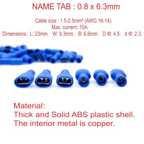 JZK 100pcs 6.3 x 0.8mm Blue Quick Connectors Socket Fully Insulated Push-On Female Crimp Terminals - Image 2
