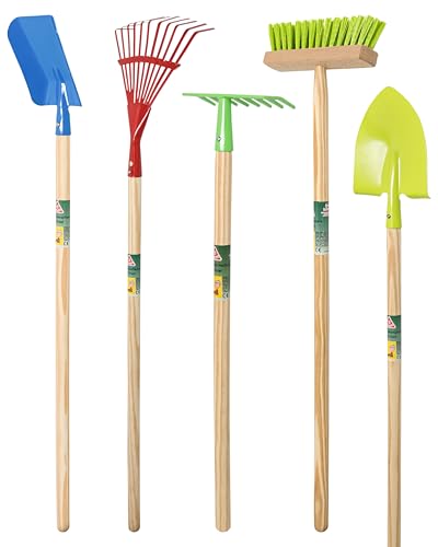 Agrarflora Kinder Gartengeräte Set 5-teilig - stabiles Gartenpielzeug aus Metall und Holz - kindergerechtes Gartenwerkzeug für Draußen - Rechen, Fächerbesen, Schaufel, Spaten und Besen