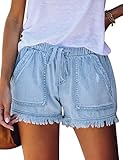 FEKOAFE Womens Casual Denim Shorts Drawstring Elastic Waist Summer Frayed Tencel Jeans Shorts Sky...