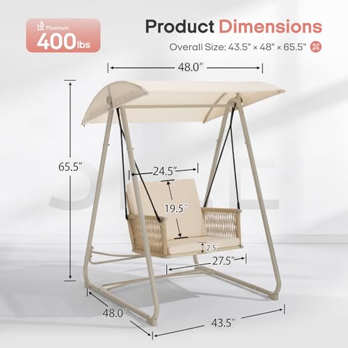 Image of Patio Swing with Adjustable Canopy, Single Seat Khaki | Heavy-duty triangular steel stand frame,Weather-resistant materials for outdoor use, backyard, porch, patio, garden, and lawn