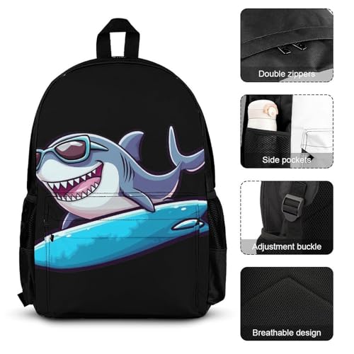Surfing Shark Backpack 3 Set with Lunch Bag Insulated Shoulder Meal Tote Bags Pencil Case Box Casual Daypack3
