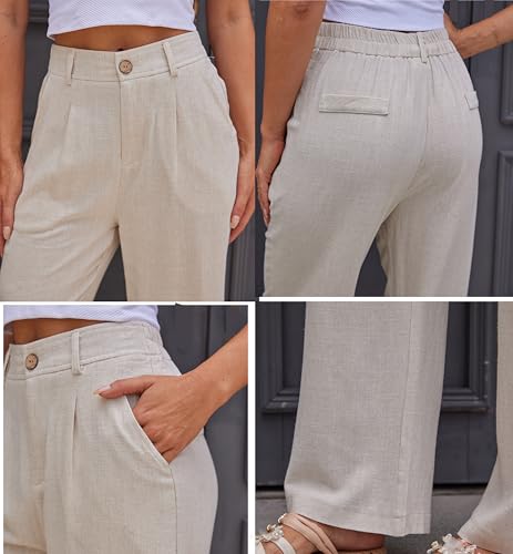 heipeiwa Women's Linen Casual High Waist Wide Leg Straight Dress Cotton Linen Pants Button Trousers4
