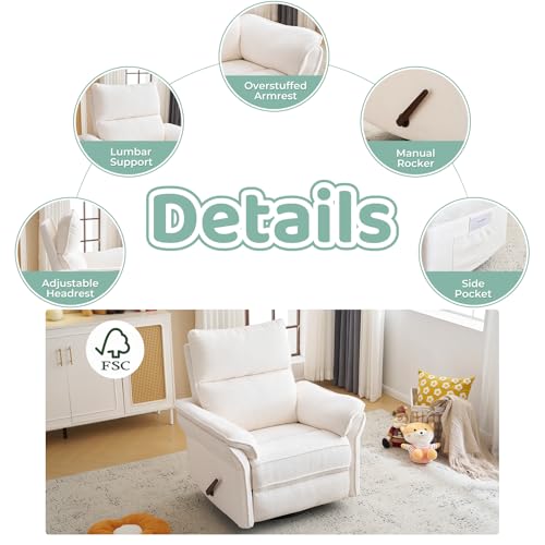 Image of Oversized Swivel Rocker Recliner with Adjustable Headrest, Rocking Chair Nursery with Overstuffed Armrest, Manual Rocker Recliner Nursery Chair for Living Room, White