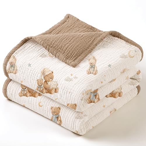 Image of lulumoon Muslin Baby Blanket Neutral - Breathable Cotton Crib Bedding for Toddler - 4 Layer Soft Lightweight for Stroller and Daycare 47 inchx47 inch (Bear)