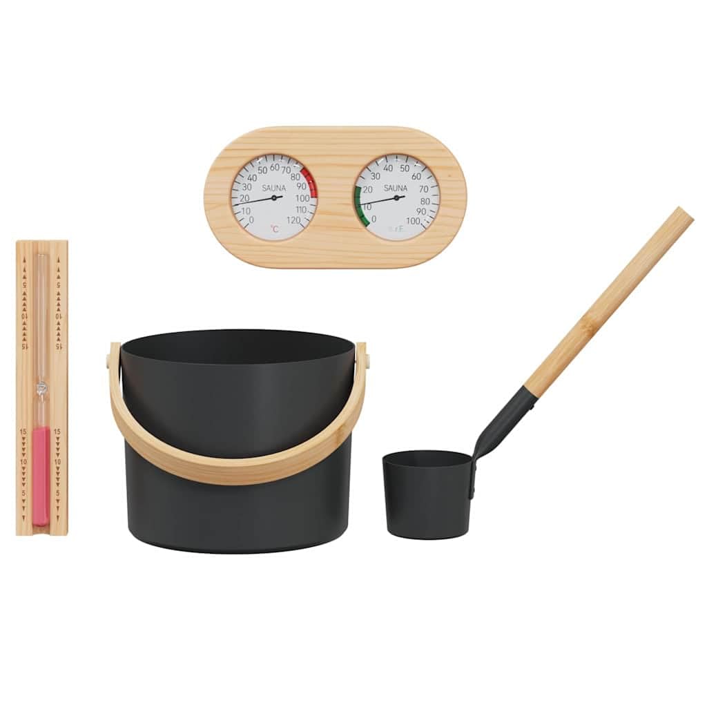 Mangloder - Set di accessori per sauna, 4 pezzi, nero, con secchio da 7 l, cazzuola, clessidra termometro, igrometro, manico in bambù, per interni, sauna, benessere, relax, bagno a vapore, legno