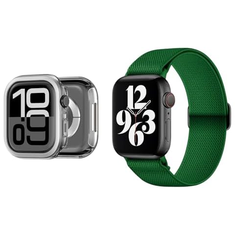AMANECER Hard Clear PC Case Compatible with Apple Watch Series 10 46mm & Stretchy Nylon Watch Band Compatible with Apple Watch Series 10/9/8/7/6/5/4 Ultra 2/1 SE Cover