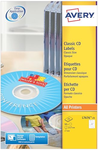 Avery - Boite de 50 Étiquettes Autocollantes pour Cd, Personnalisables et imprimables, Maxi Couvrantes, Diamètre 117 mm, Impression Laser, (L7676-25)