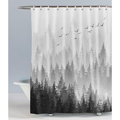 LIVETTY Black and White Misty Forest Shower Curtains Plant Tree Nature Woodland Shower Curtain 72x72 inches(180x180cm ) with 12 Hooks Fabric Bath Curtain Washable Quick-Drying