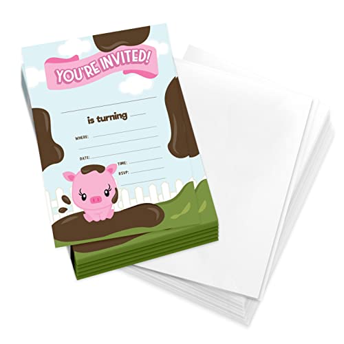 Cartes d'invitation anniversaire cochon avec autocollants vinyle étanches lot de 25