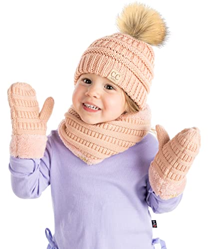Image of Funky Junque Kids Matching Neck Warmer Scarf Soft Fuzzy Cuff Gloves Mittens Ribbed Knit Pom Pom Beanie Bundle Boy Girl