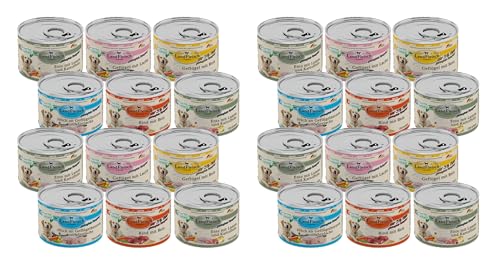 Landfleisch Hundefutter 24 x 195g Mixpaket | garantierter 4 Sorten Mix | Nassfutter für Hunde | Ohne Zusatz von Gluten, Zucker, GVO und Sojaprodukten