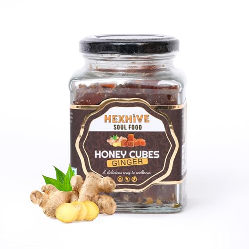 Image of Hexhive Ginger Honey Cubes | Pure Honey with Real Ginger Extract | No Added Sugar | Immunity Boost | Travel-Friendly Cubes for Tea, Coffee & Detox Drinks | Wellness Snack | 300g