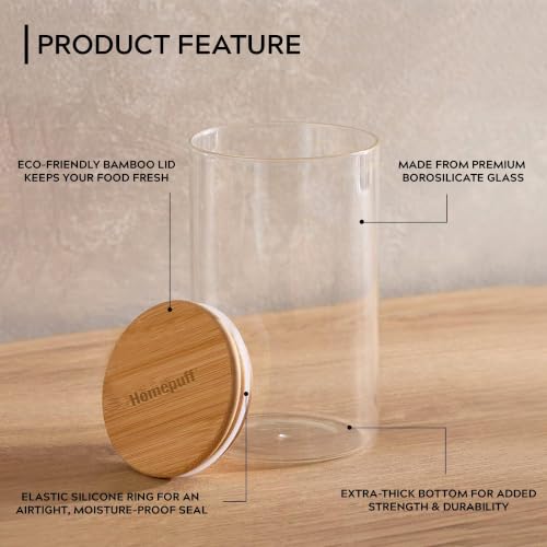 Image of Home Puff Glass Canisters for Snacks, 750ml Borosilicate Glass Jars with Airtight Bamboo Lids, Leak-Proof Kitchen Storage Containers for Namkeen, Makhana & Dry Snacks - Pack of 6