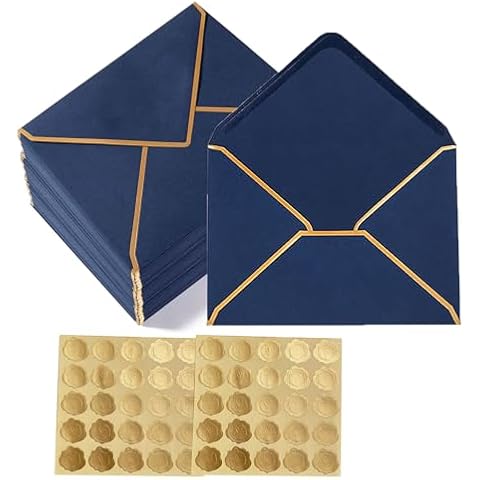 50 Pcs A7 Envelopes with Gold Embossed Heart Seal Stickers Gold Border Envelope Self Adhesive V Flap 5.25x7.25 inch for Card Weddings Graduation Invitation Birthday(Gold-Blue) Cover