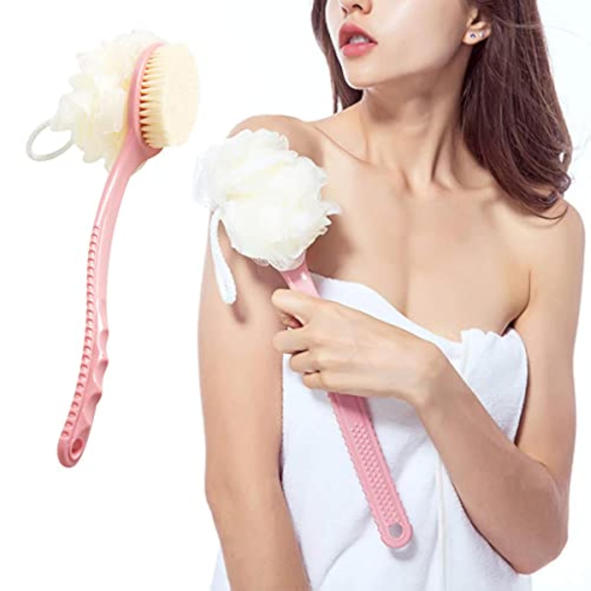 2 in 1 Shower Sponge with Handle, Exfoliating Brush Set of 2
