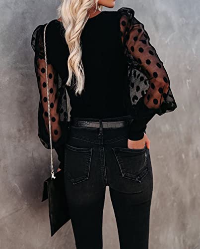 Bonitee Women Elegant Square Neck Mesh Long Sleeve Lace Shapewear Ribbed Knit Bodysuit Tops Shirts Black Medium #TOP4