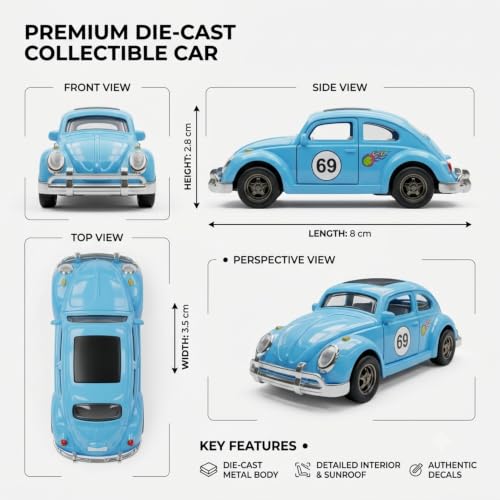 Image of Premium 1:64 Scale Die Cast Metal Toy Car Mini Collectible Vehicle with Free Rolling Wheels Realistic Metal Body Display Model for Kids Boys Girls Blue Color