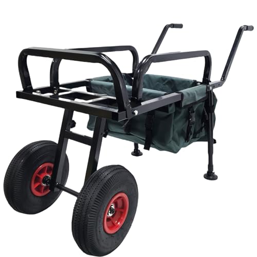 Fishing Trolley Folding Barrow Cart 2 Wheel with Storage Bag Carp Coarse Gear Kit Pike Dual Twin Wheels Foldable Sides Wheeled Transporter Fish Holder Rod Handle Carry Adjustabel Legs Folding