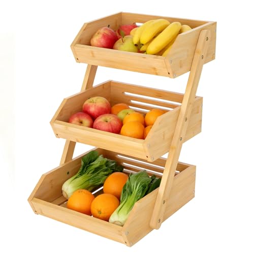 Vyranut Portafrutta in Bambù a 3 Livelli Rimovibile, Porta Frutta e Verdura, Porta Pane e Snack, Organizzatore Cucina e Tavolo, Scaffale Decorativo, Set con Tovaglia in Lino-Cotone