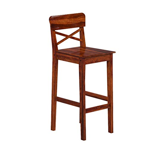 Image of Solid Sheesham Wood Bar Chair Set of 2 | Wooden Bar Stool for Kitchen Counter, Breakfast Table, Cafe & Home Bar | Cross Back Tall Chair with Footrest | Honey Natural Finish