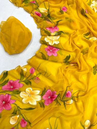 Image of Arkia Women's Floral Hand Embroidered Hand Painted Saree with Blouse Piece