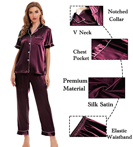 Image of SWOMOG Womens Silk Satin Pajamas Sets 4pcs Sleepwear Sexy Cami Shorts Set and Button Down Short Sleeve Pjs Loungewear