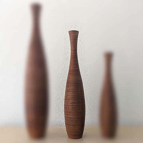 thaiboo Grand vase de sol, en bois, fin, marron, pour décoration, herbe de la pampa, fleurs séchées, brindilles, touffes d'herbe, vase en bois de manguier,...