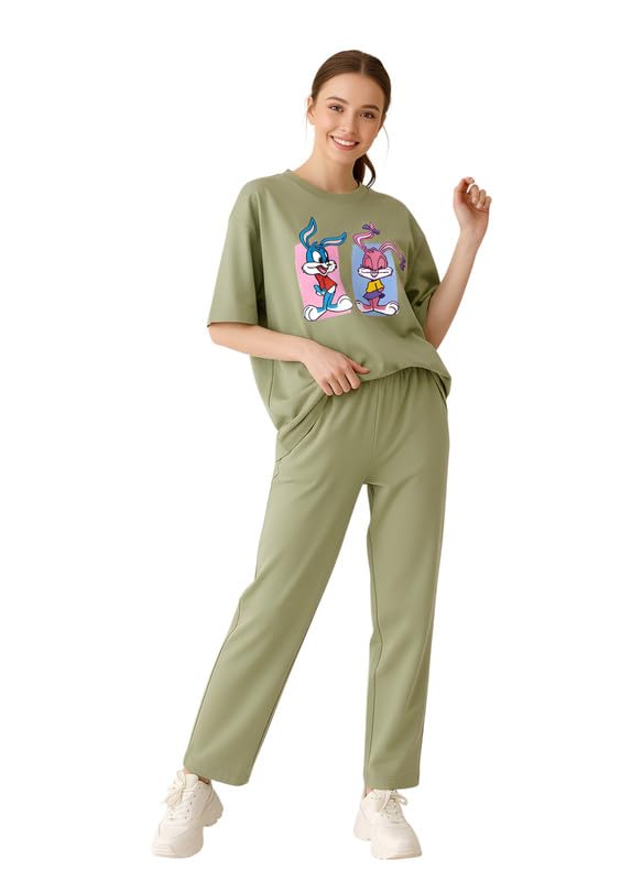 Image of My Swag Women Casual Nightwear Co-Ord Set | Soft Cotton T-Shirt & Pajama with Cartoon Print | Home Wear & Sleep Wear for Ladies