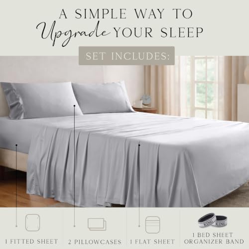 Image of KARISSA MAE Luxury Bamboo Viscose King Size Sheet Set | FSC Certified | Cooling | Ultra Soft | 18 inch Deep Pockets | Elastic Corner Straps | Includes Organizer Band [Grey Mist]
