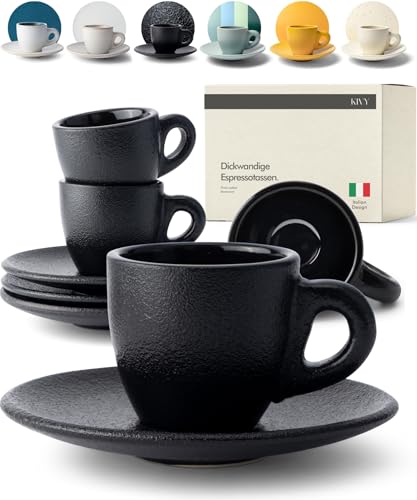KIVY Espresso Tassen Set [4x 75ml] - Espressotassen mit Untertassen - Handgefertigte Espresso Tassen dickwandig - Italienische Espressotassen Steingut Dickwandig - Schwarz