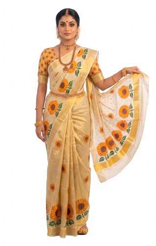 Image of Women's Mural Printed Kerala Gold Tissue Saree with Running Blouse Piece | Traditional South Indian Ethnic Saree for Festivals, Weddings & Special Occasions