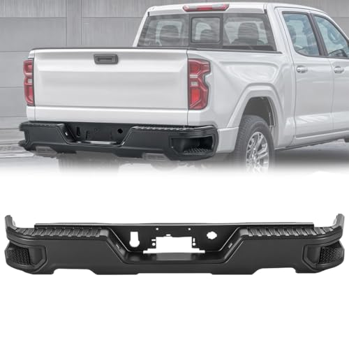 KPJTATUO Black Rear Bumper Compatible with 2019-2022 Silverado 1500, Black Iron With Abs Rear Bumper Assembly W/Dual Exhaust Hole,W/O Sensor Hole