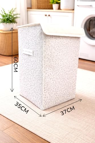 Image of QUAIL Foldable Fabric Laundry Basket with Lid and Side Handle for Clothes Storage, Durable Leaf Pattern Laundry Hamper Organizer for Bedroom, Bathroom, Home and Washing Area Use (Silver, Golden)