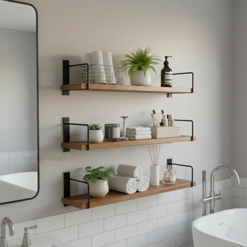Image of Wall Mounted Bathroom Shelves Set of 3, Glossy Brown Rustic Wood Floating Shelves with Metal Brackets, Wall Storage Rack for Toiletries, Organizer, Kitchen, Bedroom, Living Room 23.5 inch