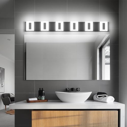 Image of 6 Light Black Modern Bathroom Vanity Light Fixtures Over Mirror Vanity Light for Bathroom Vanity Wall Lights Cool Light Modern Bathroom Vanity Wall Light Fixtures, 40 inch