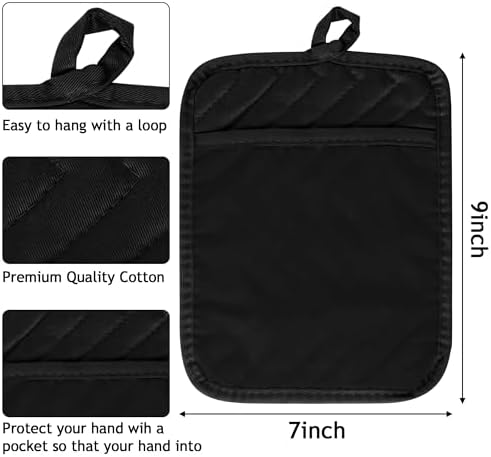 R HORSE 6Pcs Pot Holder with Pocket for Kitchen Black Pot Holders Set Cotton Heat Resistant Potholder Terry Cloth Coaster Hot Pad Oven Mitts Trivet for Baking Cooking 7''x9''