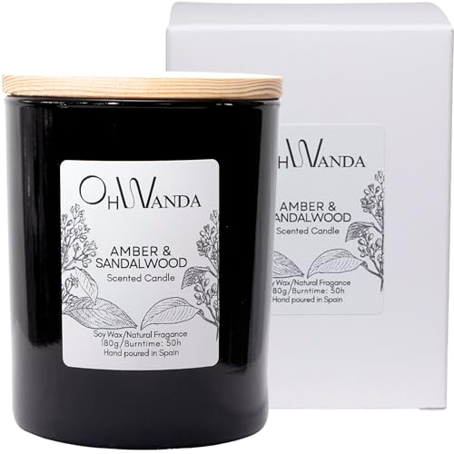 OHWANDA Velas Aromáticas Ámbar Sándalo, Vela Fragancia Larga Duración 50h, Soja Perfumada Natural para tu Hogar Sin Tóxicos 180g, Rituales Aromaterapia Relajante, Regalo Lujo, Hecha en España