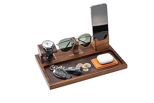 Shanik Premium Everyday Carry Nightstand Organizer - Custom Engraved Tray with Removable Watch Holder, Glass Holder and Convenient Wood Phone Stand