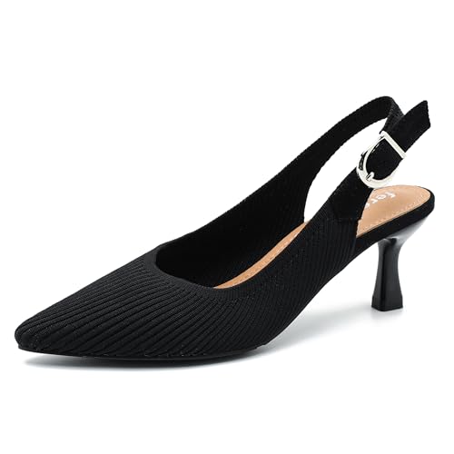 Women's Slingback Kitten Heels Pointed Toe Knit Pumps Slip On Dress Shoes