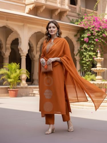 Image of ANNI Designer Women's Rayon Viscose Embroidered Straight Kurta Set with Pant and Dupatta | Ethnic Wear Kurta Pant Dupatta Set for Women | Traditional Indian Outfit