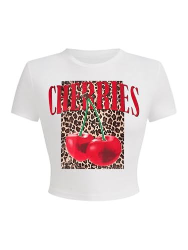 Women's Cherry Leopard Graphic Tees Crew Neck Short Sleeve Y2K Crop Tops Summer T Shirt Trendy