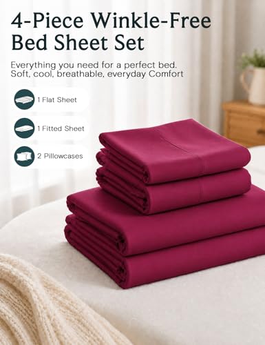 Image of LuxClub 4 PC King Sheet Set, Deep Pockets Wrinkle Free Cooling Bed Sheets Hotel Bedding for Women, Men, Includes 1 Fitted Sheet, 1 Flat Sheet and 2 Pillowcases-Burgundy